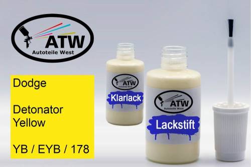 Dodge, Detonator Yellow, YB / EYB / 178: 20ml Lackstift + 20ml Klarlack - Set, von ATW Autoteile West.
